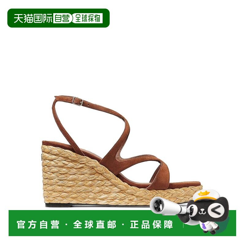 1h可退 香港直邮Jimmy Choo 周仰杰 女士 棕色绒面革拉菲草编织凉 - 实物图