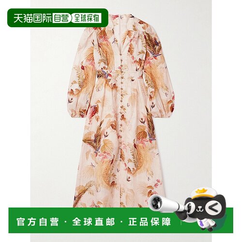 1h可退 香港直邮ZIMMERMANN 女士 Ascension 印花亚麻中长连衣裙