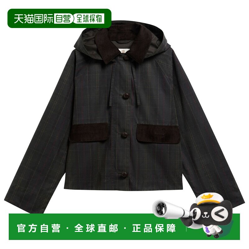 自营欧洲直邮BARBOUR 女士黑色经典格纹棉质纽扣连帽短款夹克图片