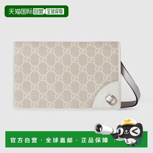 自营欧洲直邮Gucci/古驰 Emblem系列女士米白色帆布双G带挂绳按扣