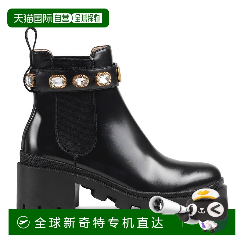 欧洲直邮GUCCI/古驰 女士黑色皮革凸纹鞋底弹性嵌件宝石系带靴6cm