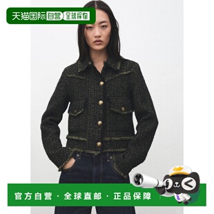 自营欧洲直邮Mango芒果 女士绿色斜领粗花呢外套