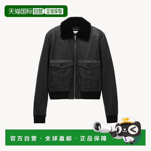 自营欧洲直邮YSL圣罗兰 男士黑色羔羊皮拉链闭合飞行员夹克