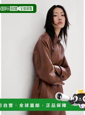自营欧洲直邮MANGO 女士棕色合成皮革腰带长款风衣