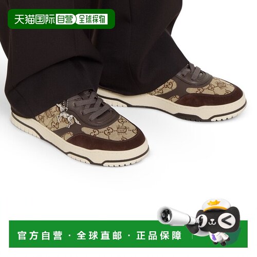 自营欧洲直邮GUCCI古驰 Re-Web男士棕色皮革饰边GG帆布运动鞋男鞋