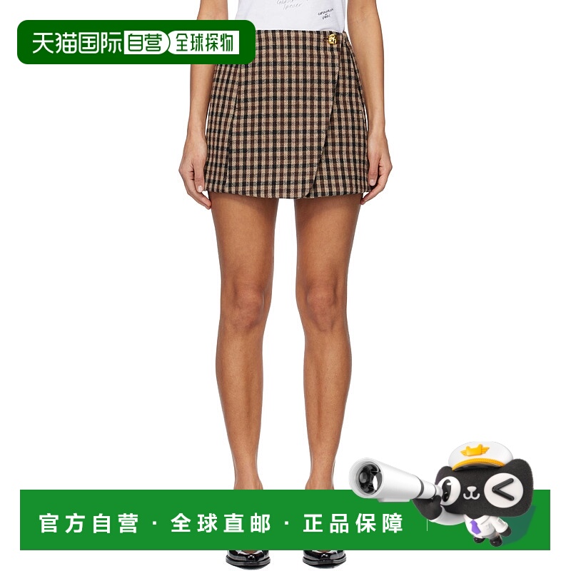 香港直邮GANNI 甘尼 女士 驼色 & 棕色 Check Wool 短裙 W0655