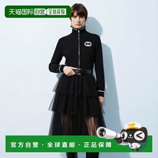 自营欧洲直邮GUCCI古驰 女士黑色粘胶纤维GG提花拉链针织外套女装