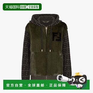 自营欧洲直邮Fendi芬迪 女士深橄榄绿色貂毛羊绒提花飞行员夹克