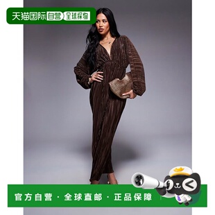 香港直邮ASOS 女士 设计打褶膨起袖V领巧克力色中长连衣裙