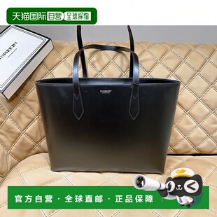 自营Burberry博柏利女士黑色牛皮字母徽标敞口开合托特手托特包