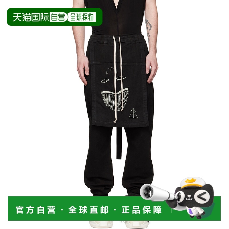 香港直邮Rick Owens Drkshdw 黑色鬼脸刺绣牛仔布休闲裤 DU02B437