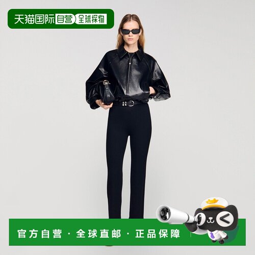 自营欧洲直邮Sandro桑德罗 女士黑色羊皮革长袖夹克