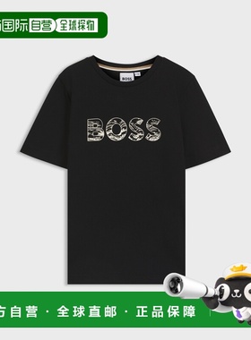 欧洲直邮Hugo Boss 4-14岁儿童黑色棉logo标识短袖T恤