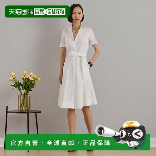自营欧洲直邮Ralph Lauren拉夫劳伦 女士白色混棉系带衬衫连衣裙
