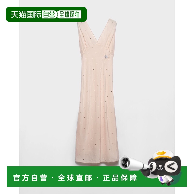 自营欧洲直邮Prada普拉达 女士桃子色桑蚕丝V领无袖连衣裙