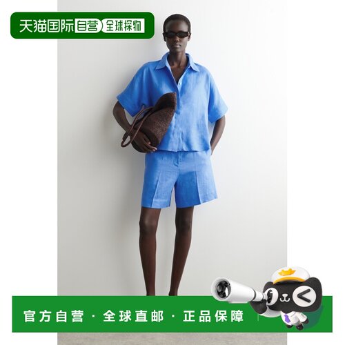 自营欧洲直邮COS 女士蓝色亚麻弹性腰身裁缝短裤