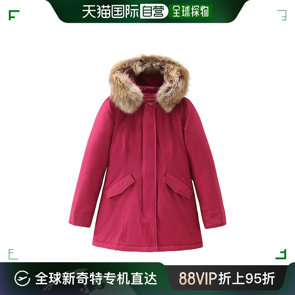 欧洲直邮WOOLRICH 23年新款女士亮甜菜色棉混纺可拆卸毛皮大衣