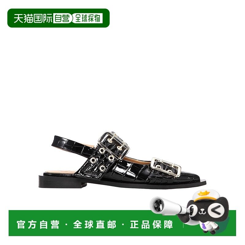 香港直邮Ganni女式方扣芭蕾鞋S2796尖头绑带金色平底凉鞋正品夏季