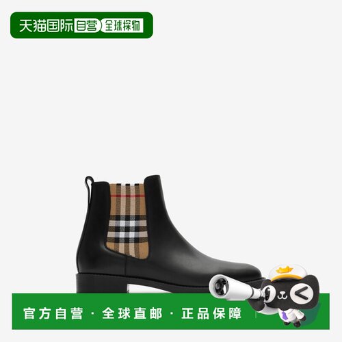 自营欧洲直邮Burberry博柏利 Hampstead女士黑色皮革格纹短靴
