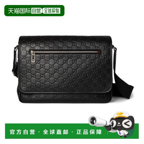自营欧洲直邮GUCCI古驰 GG Emblem男士黑色GG压纹皮革单肩包男包