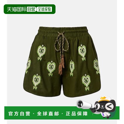 1h可退 香港直邮FARM RIO 女士 刺绣亚麻混纺短裤 green绿色 舒适