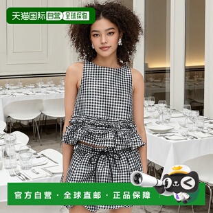 1h可退 香港直邮GANNI 甘尼 女士 褶皱塔夫绸格纹褶边上衣女装