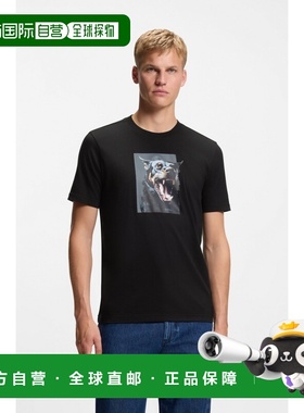 自营欧洲直邮Hugo Boss 男士黑色棉动物图案短袖T恤男装