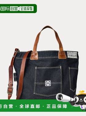 自营欧洲直邮RALPH LAUREN拉夫劳伦RRL靛蓝色牛仔布托特包，配皮