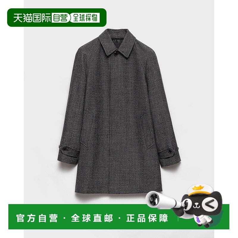 自营欧洲直邮Prada普拉达 男士黑色/白色羊毛三角标识大衣