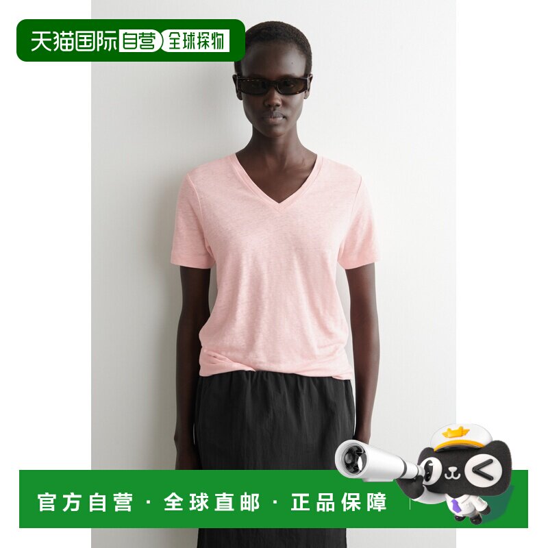 自营欧洲直邮COS 女士粉色亚麻V领T恤女装图片