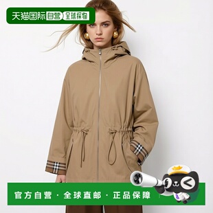 自营欧洲直邮Burberry博柏利 女士米色内衬格纹抽绳连帽夹克外套