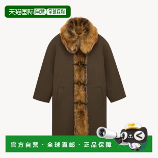 自营欧洲直邮YSL圣罗兰 女士深绿色帆布剪羊毛大衣