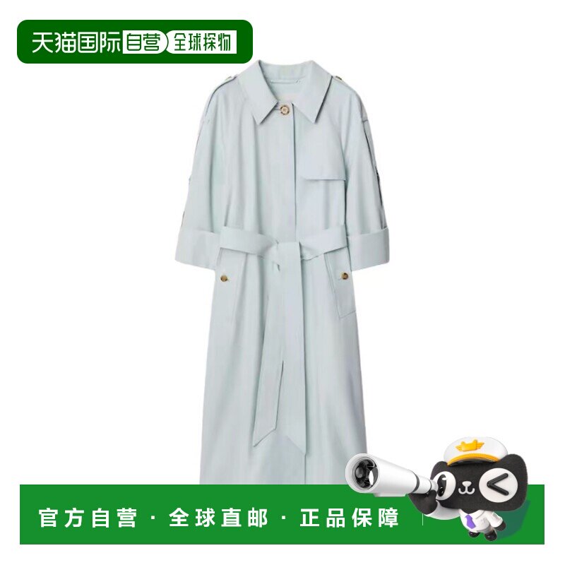 自营欧洲直邮Burberry/博柏利 女士浅蓝色棉质系带单排扣长款风衣