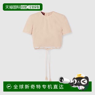 欧洲直邮Gucci 上衣 古驰 女士深粉色棉logo标识刺绣下摆系带短袖