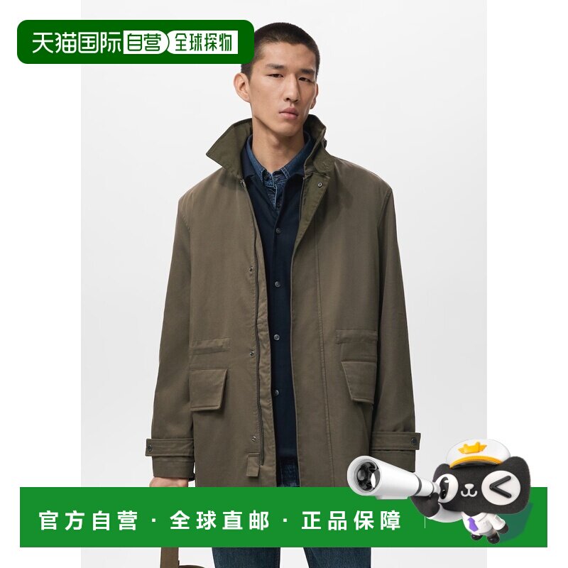 自营欧洲直邮Mango芒果 男士暗绿色带口袋的防水派克大衣棉质外套