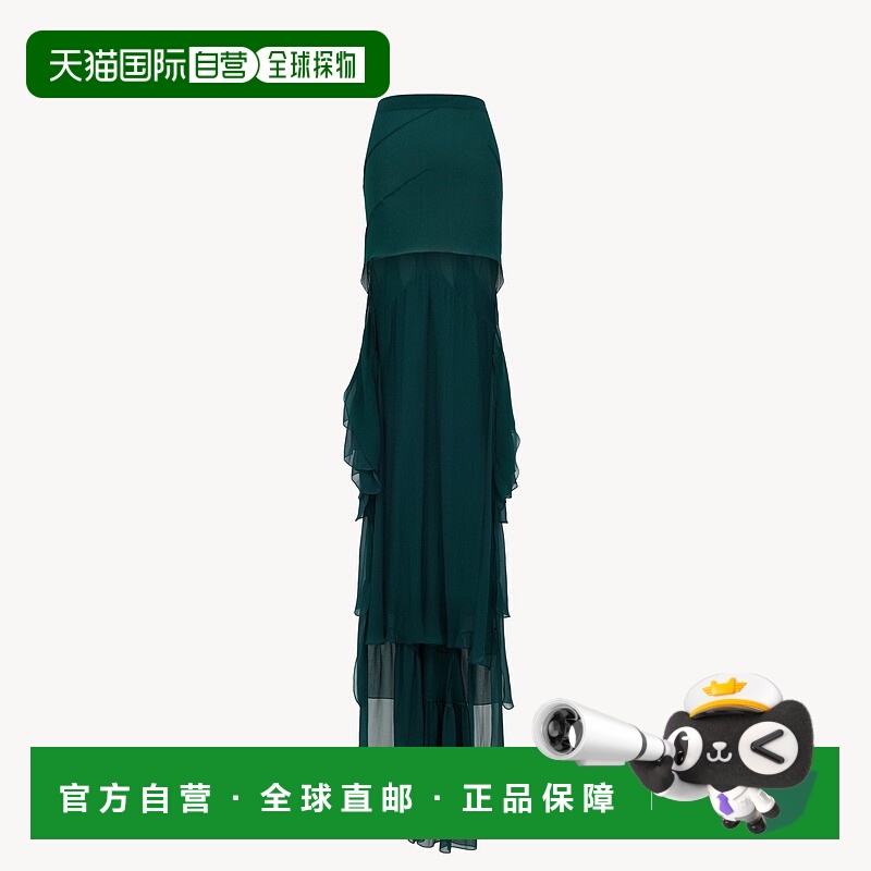 自营欧洲直邮YSL圣罗兰 女士鸭蓝色真丝不对称半透明半身裙