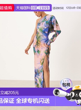 1h可退 香港直邮ASOS 女士 midaxi 设计长筒单肩垂褶深色绿色印花