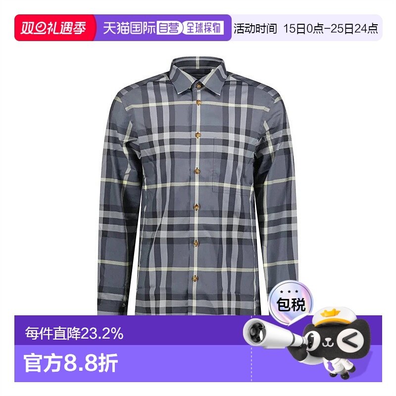 欧洲直邮自营Burberry博柏利男女同款棉混纺格纹满印单排扣长袖衬