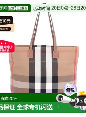 Burberry博柏利棕色帆布配牛皮饰边手提包 新款托特包帆布包