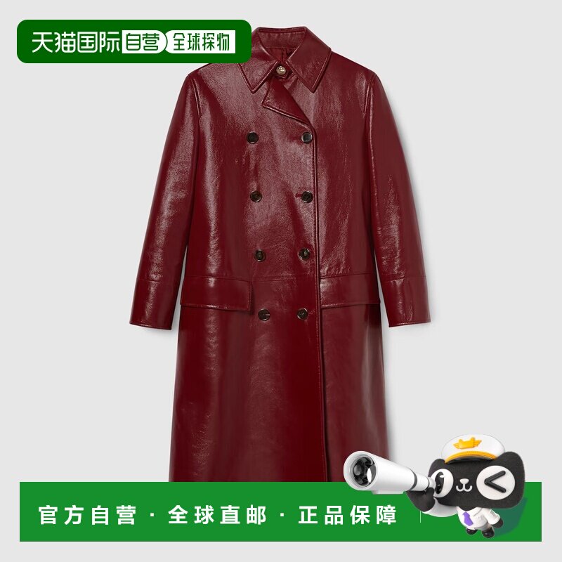 自营欧洲直邮Gucci/古驰 女士亮面皮革双排扣大衣