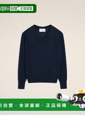 自营欧洲直邮AMI 海军蓝色 Ami de CoeurV领羊毛毛衣针织衫