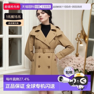 自营欧洲直邮BURBERRY博柏利女士纯色棉质双排扣连帽中长款 风衣