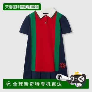 欧洲直邮Gucci古驰女孩深蓝色织带儿童棉质连衣裙