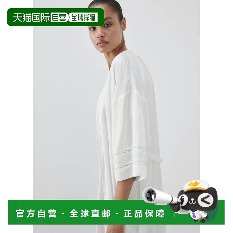 自营欧洲直邮MANGO 女士蓝色粘胶纤维缎面刺绣系带睡袍连衣裙性感图片