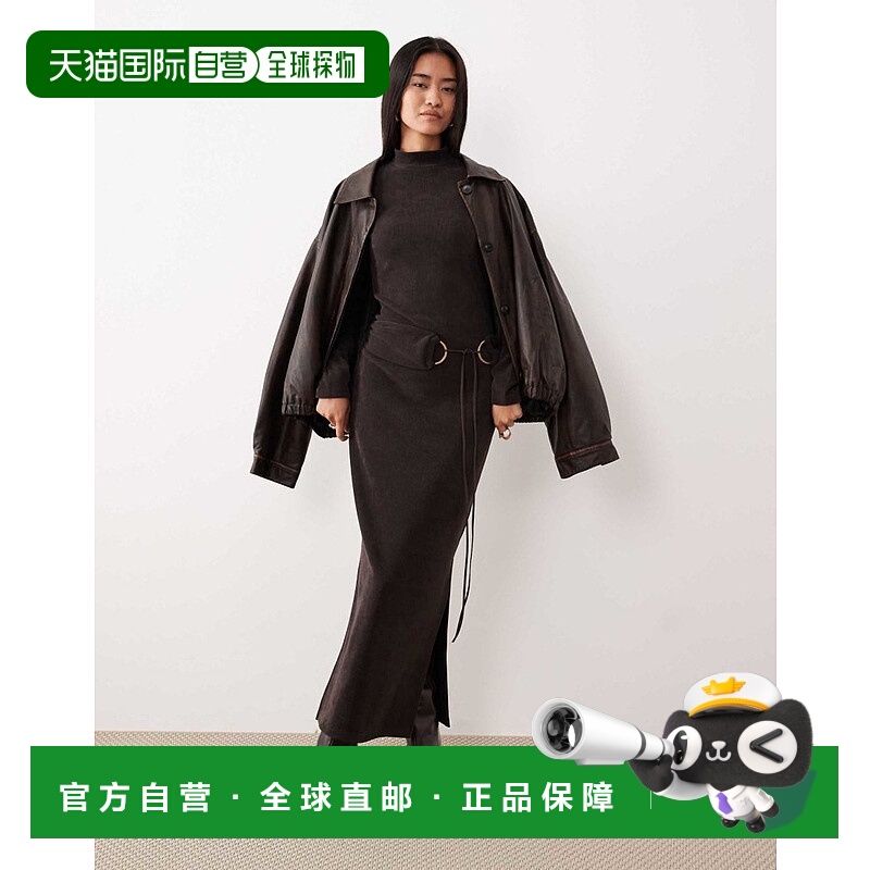 1h可退 香港直邮ASOS 女士 hardware 设计高领中长巧克力色灯芯绒