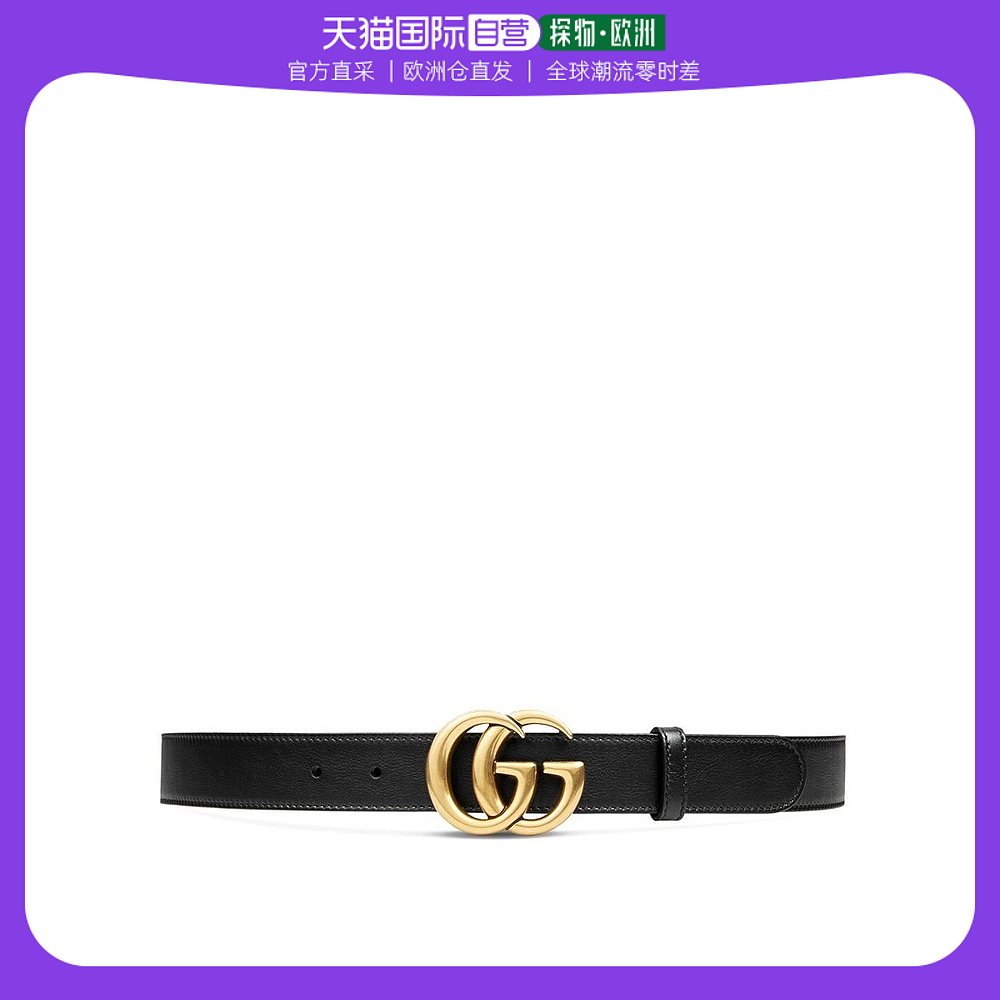 欧洲直邮GUCCI/古驰 经典款3CM 男女同款黑色皮革金色双G扣腰带 ‎