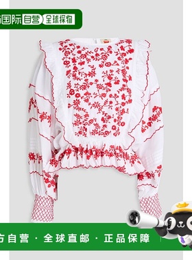 1h可退 香港直邮FARM RIO 女士 荷叶边刺绣棉纱衫 327755OFFWHITE