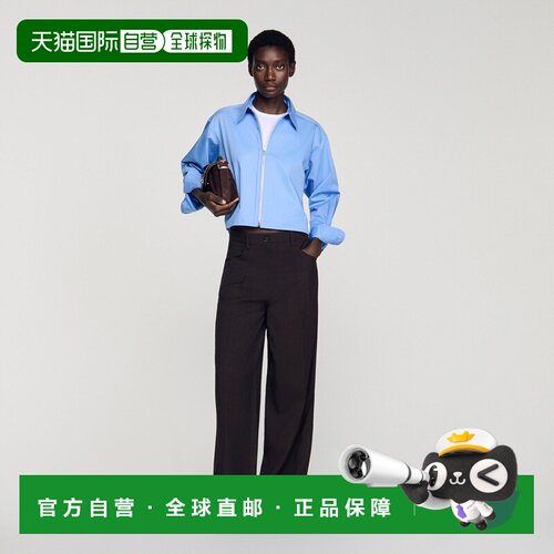 自营欧洲直邮Sandro桑德罗 女士蓝色棉质拉链短款衬衫通勤