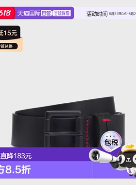 自营欧洲直邮Hugo Boss 男士黑色小牛皮刻字徽标腰带3.5cm情人节