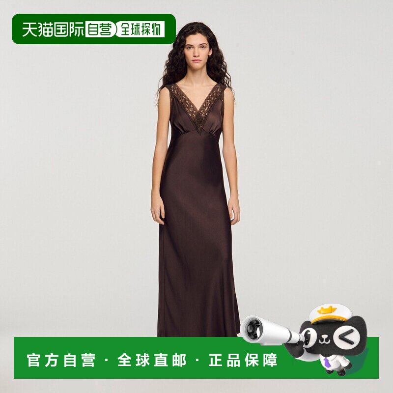 自营欧洲直邮Sandro桑德罗 女士棕色蕾丝领口聚酯纤维长款连衣裙图片